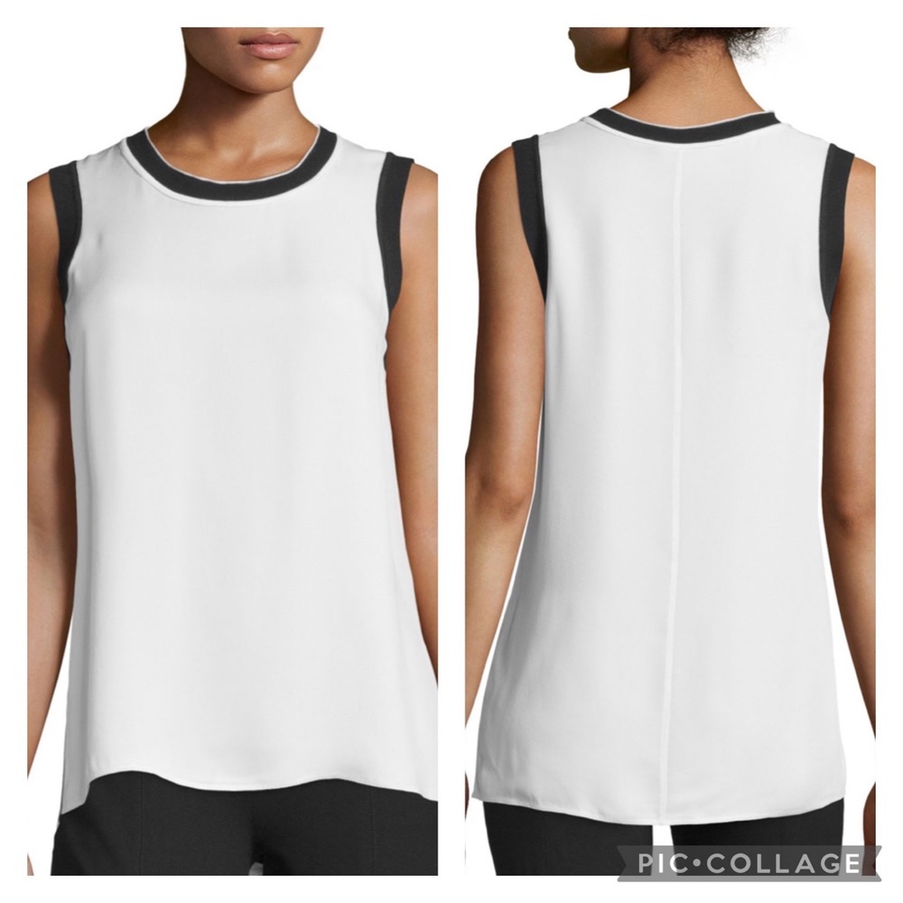 rag & bone XXS Women's Antique White Maude Sleeveless Silk Top Black Trim